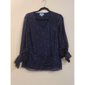 CeCe Small V-Neck Blue Metallic Sheer Lined Long Sleeve Top  Whimsigoth, Holiday